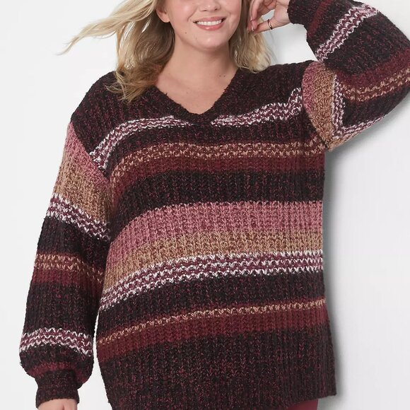 Lane Bryant v-neck stripe chunky knit sweater 10/12 - Picture 1 of 5